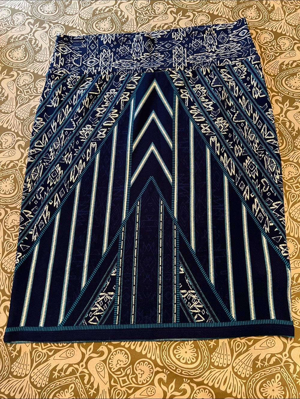 LuLaRoe Navy Pencil Skirt with Gold Green Geometric Design